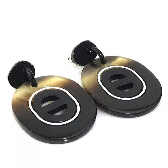 Auth HERMES Pierce Earrings Black Brown Buffalo horn - Picture 1 of 8